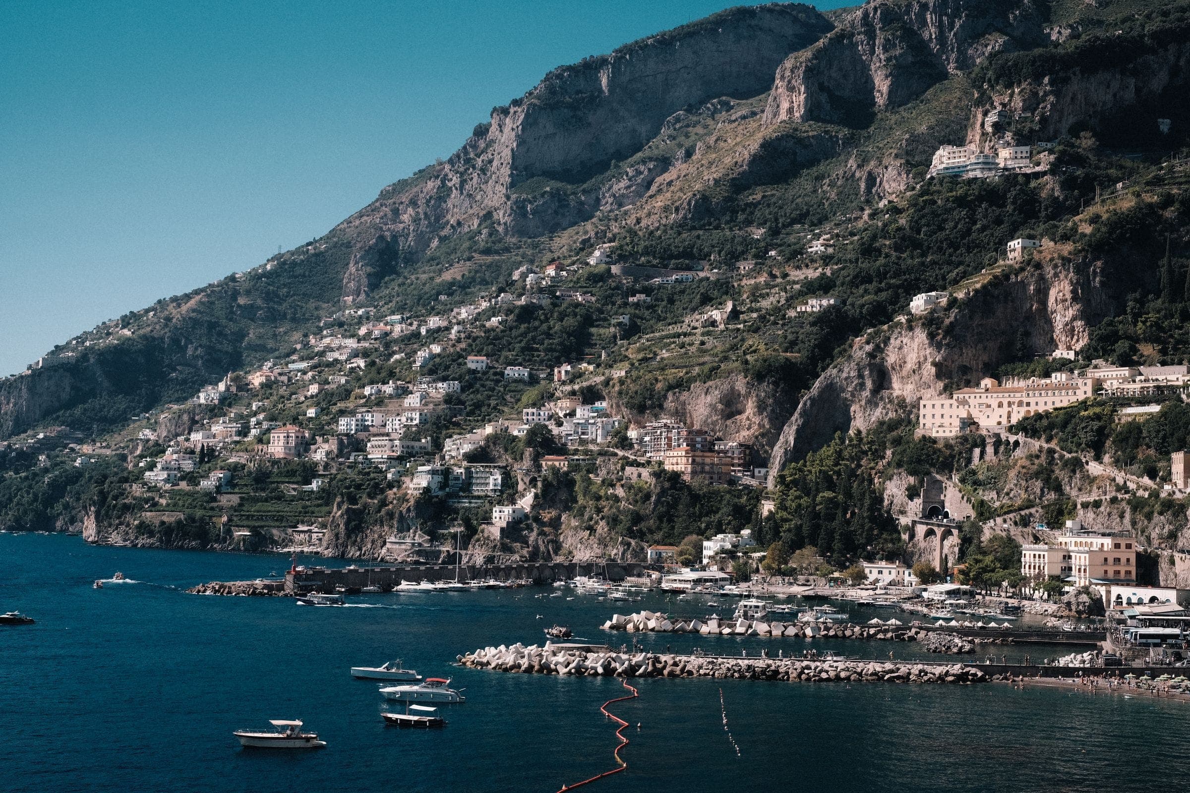 A town stacked on the cliffs of the Amalfi Coast above the sea