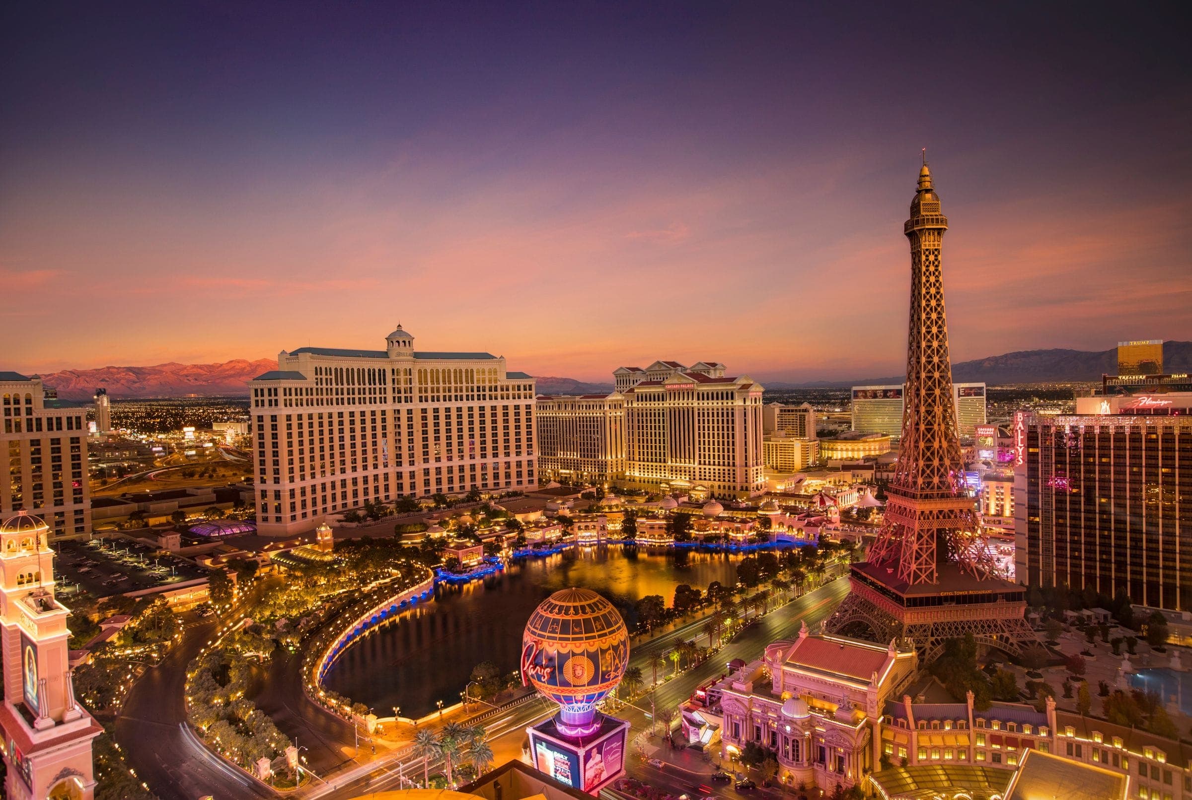 The Las Vegas Strip lit at dusk with the desert beyond