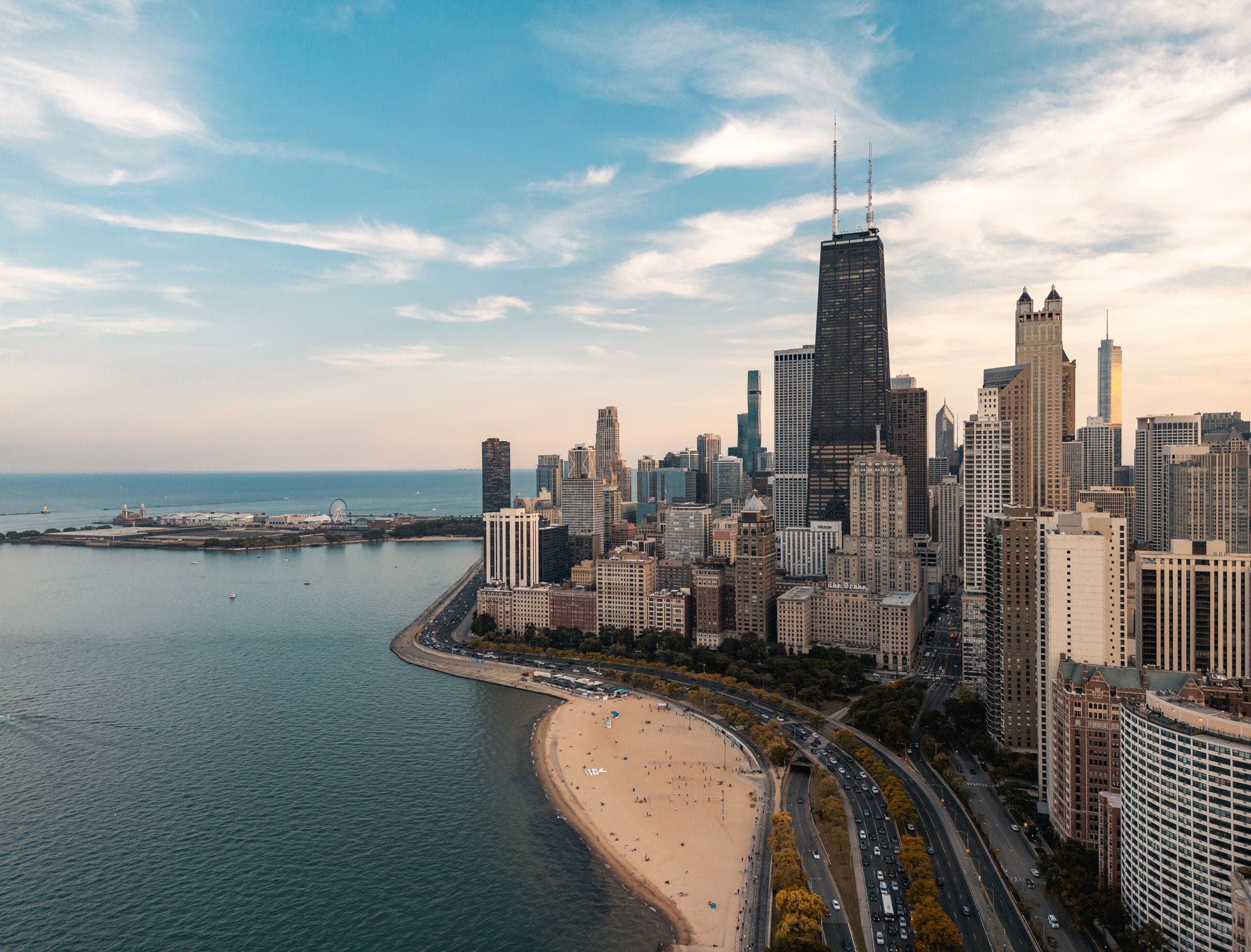 The Chicago lakefront and skyline from the air in summer